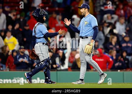 Tampa Bay Rays relief pitcher Jason Adam celebrates with catcher Francisco  Mejia (21) after closing out the New York Yankees during the ninth inning  of a baseball game Friday, May 5, 2023