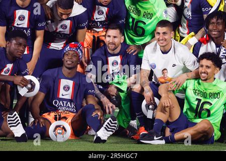 Paris, France. 3rd June, 2023. Paris Saint-Germain's players attend the award ceremony after the French League 1 football match between Paris-Saint Germain (PSG) and Clermont in Paris, France, June 3, 2023. Credit: Rit Heize/Xinhua/Alamy Live News Stock Photo