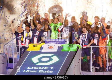 Paris, France. 3rd June, 2023. Paris Saint-Germain's players attend the awarding ceremony after the French League 1 football match between Paris-Saint Germain (PSG) and Clermont in Paris, France, June 3, 2023. Credit: Rit Heize/Xinhua/Alamy Live News Stock Photo