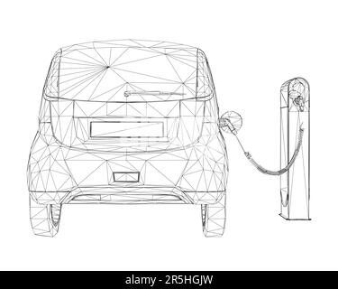Wireframe of an electric car standing on a charge from black lines isolated on a white background. Low poly car model. Back view. 3D. Vector illustrat Stock Vector