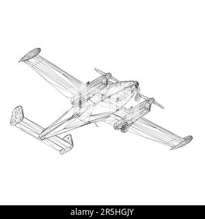 Airplane wireframe with propeller from black lines isolated on white background. Bottom view. 3D. Vector illustration. Stock Vector