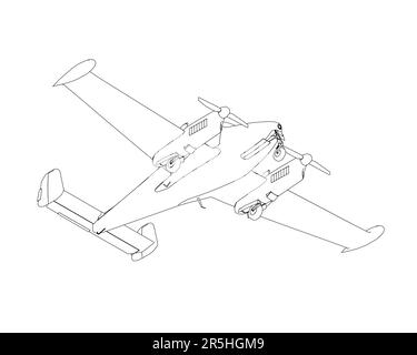 Outline of an airplane with a propeller from black lines isolated on a white background. Bottom view. Vector illustration. Stock Vector