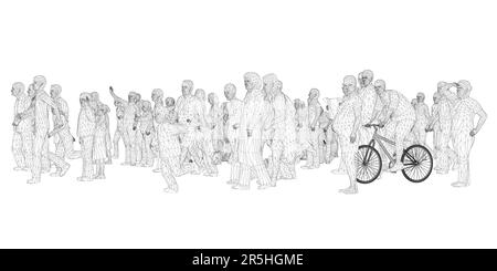 Polygonal crowd wireframe with different people from black lines isolated on white background. 3D. Vector illustration. Stock Vector