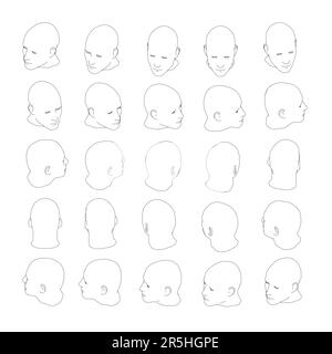 Set with contours of a man's head in different positions from black lines isolated on a white background. The head turns fifteen degrees. Isometric vi Stock Vector