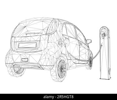 Wireframe of an electric car standing on a charge from black lines isolated on a white background. Low poly car model. Back view. 3D. Vector illustrat Stock Vector