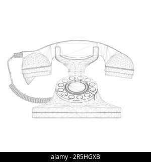 Wireframe of an old wired telephone from black lines isolated on a white background. Front view. 3D. Vector illustration. Stock Vector