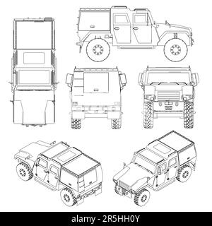 Set with contours of a combat jeep from black lines isolated on a white background. Isometric view, side, front, back, top. 3D. Vector illustration. Stock Vector