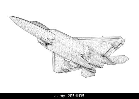 Combat fighter jet wireframe from black lines isolated on white ...