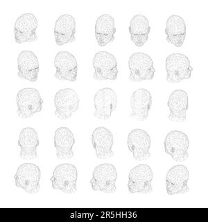 Set with a skeleton of a man's head in different positions from black lines isolated on a white background. The head turns fifteen degrees. Isometric Stock Vector