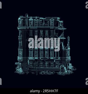 Wireframe of a destroyed building from blue lines isolated on a dark background. Front view. 3D. Vector illustration. Stock Vector
