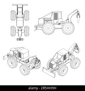 Tractor outline set from black lines isolated on white background. Side view, top view, isometric. Vector illustration. Stock Vector