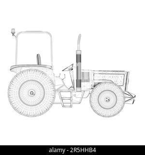 Wireframe of an industrial tractor from black lines isolated on a white background. Side view. 3D. Vector illustration. Stock Vector