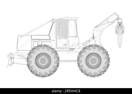 Wireframe of an industrial grader tractor with tongs for lifting cargo from black lines isolated on a white background. Side view. 3D. Vector illustra Stock Vector