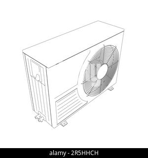 The contour of the air conditioner for cooling the room from black lines isolated on a white background. Isometric view. Vector illustration. Stock Vector