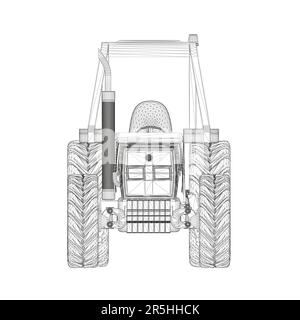 Wireframe of an industrial tractor from black lines isolated on a white background. Front view. 3D. Vector illustration. Stock Vector