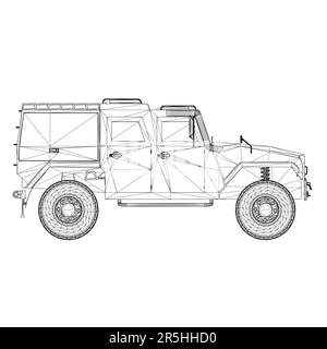 Black line combat jeep wireframe isolated on white background. Side view. 3D. Vector illustration. Stock Vector