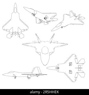 Set with contours of a combat fighter from black lines isolated on a white background. Front, bottom, isometric, side view. Vector illustration. Stock Vector