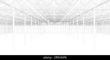 Outline of a large empty hangar from black lines isolated on a white background. Vector illustration. Stock Vector