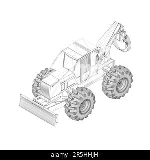 Wireframe of an industrial grader tractor with tongs for lifting cargo from black lines isolated on a white background. Isometric view. 3D. Vector ill Stock Vector