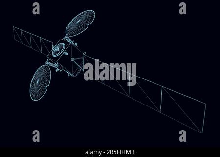Space satellite wireframe from blue lines isolated on dark background. Perspective view. 3D. Vector illustration. Stock Vector