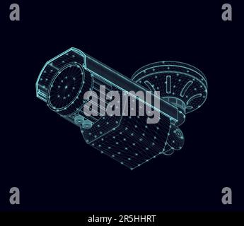 CCTV camera wireframe from blue lines isolated on dark background. Bottom view. 3D. Vector illustration. Stock Vector