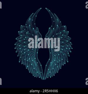 Wireframe of angel wings with glowing lights from blue lines isolated on a dark background. 3D. Vector illustration. Stock Vector