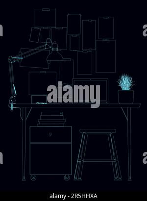 The contour of the workplace with a laptop from blue lines isolated on a dark background. Front view. Vector illustration. Stock Vector