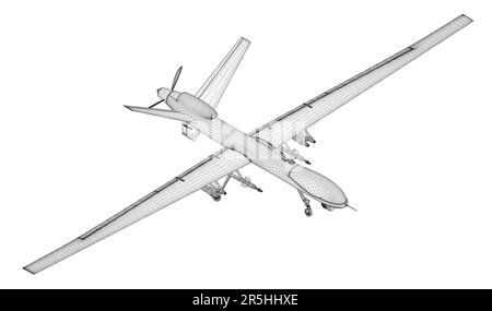 Black lines combat drone wireframe isolated on white background. Isometric view. 3D. Vector illustration. Stock Vector