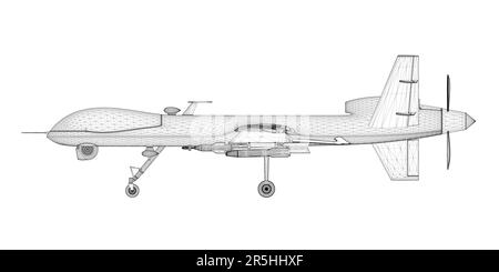 Black lines combat drone wireframe isolated on white background. Side view. 3D. Vector illustration. Stock Vector