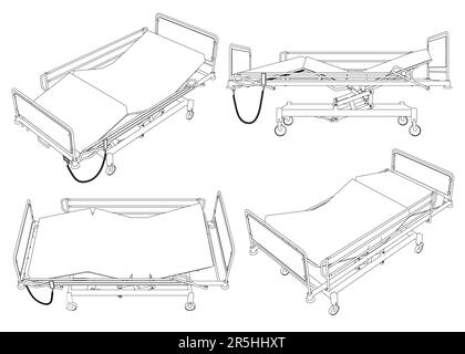 Set with outlines of a hospital bed from black lines isolated on a white background. Side view, isometric. 3D. Vector illustration. Stock Vector