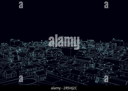 Outline of the city from blue lines isolated on a dark background. Vector illustration. Stock Vector