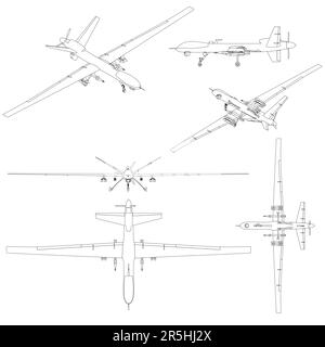Set with contours of combat unmanned aerial vehicles from black lines isolated on a white background. Side, bottom, top, isometric view. Vector illust Stock Vector