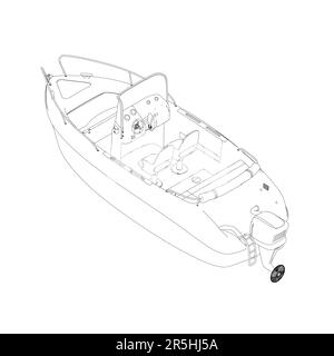 Outline of a water boat from black lines isolated on a white background. Isometric view. Vector illustration. Stock Vector