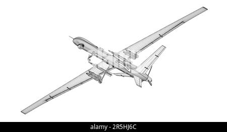 Black lines combat drone wireframe isolated on white background. Bottom view. 3D. Vector illustration. Stock Vector