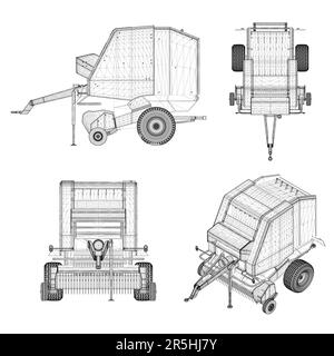 Set with wireframes of harvesting equipment from black lines isolated on white background. Trailer for harvesting machine. Top view, isometric, front, Stock Vector