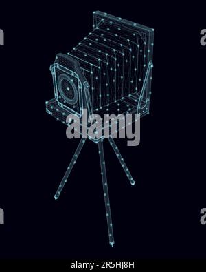 Vintage camera wireframe from blue lines isolated on dark background. Isometric view. 3D. Vector illustration. Stock Vector
