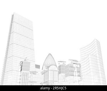 Wireframe of a detailed city with skyscrapers from black lines isolated on a white background. 3D. Vector illustration. Stock Vector