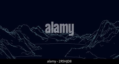 The contour of the rocky mountains from blue lines isolated on a dark background. Vector illustration. Stock Vector