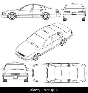 Taxi car outline set from black lines isolated on white background. Isometric view, side, front, back, top. Vector illustration. Stock Vector
