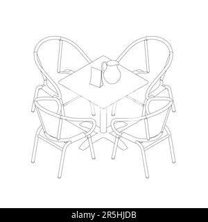 Outline of a table with napkins, a water jug and four chairs from black lines isolated on a white background. Isometric view. Vector illustration. Stock Vector