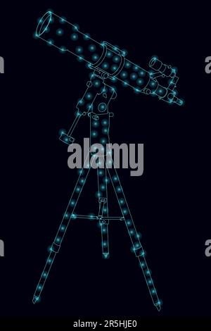 Outline of a telescope with glowing lights from blue lines isolated on a dark background. Vector illustration. Stock Vector