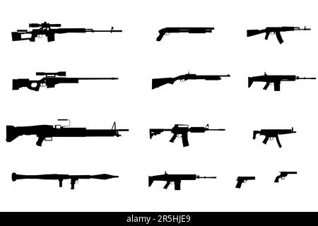 Set with silhouettes of various weapons isolated on white background. Vector illustration. Stock Vector