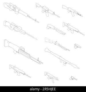 Set with contours of various weapons from black lines isolated on a white background. Machine guns, grenade launcher, rifle, pistols. Isometric view. Stock Vector