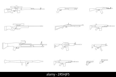 Set of firearms, shotgun, m16 rifle and hunt handgun, guns and weapons ...