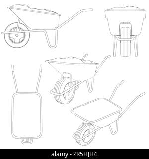 Set with contours of a wheelbarrow on two wheels for manual transportation of goods from different types. Isometric view, side, front, back, bottom. V Stock Vector