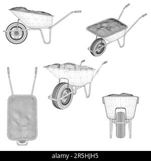 A set with wheelbarrow frames on two wheels for transporting goods by hand in different positions from black lines isolated on a white background. 3D. Stock Vector