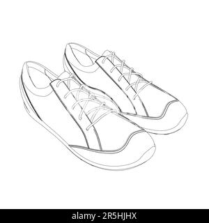 The contour of sports sneakers from black lines isolated on a white background. Isometric view. Vector illustration. Stock Vector