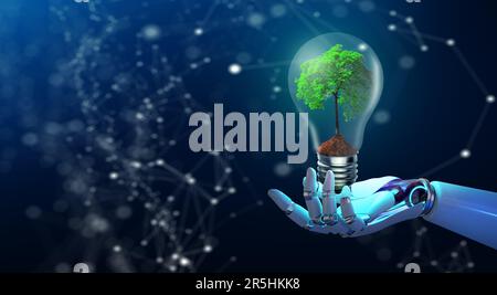 Robot hand holding growing tree with wireframe globe. Network ...