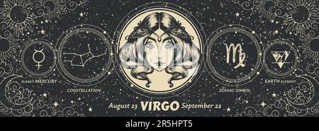 Virgo zodiac sign, mystical modern astrology banner on night landscape background, horoscope vector background. Realistic hand drawn, aesthetic vintag Stock Vector