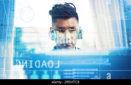 Hes a professional programmer. a handsome young male coder working on his laptop at home. Stock Photo
